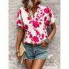 Women Floral Print V Neck Short Sleeve Blouse Casual Notch Collar Rolled Cuff Shirt