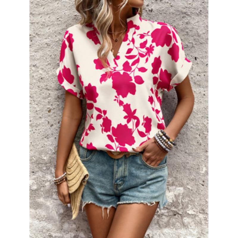 Women Floral Print V Neck Short Sleeve Blouse Casual Notch Collar Rolled Cuff Shirt