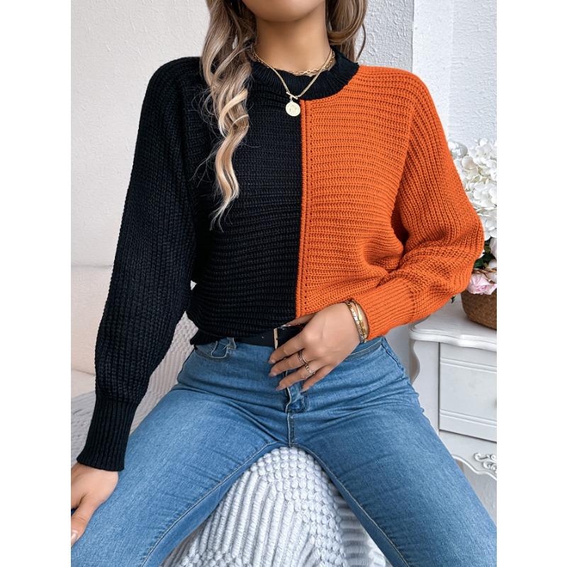 Women S Casual Color Block Round Neck Long Sleeve Pullover Sweater