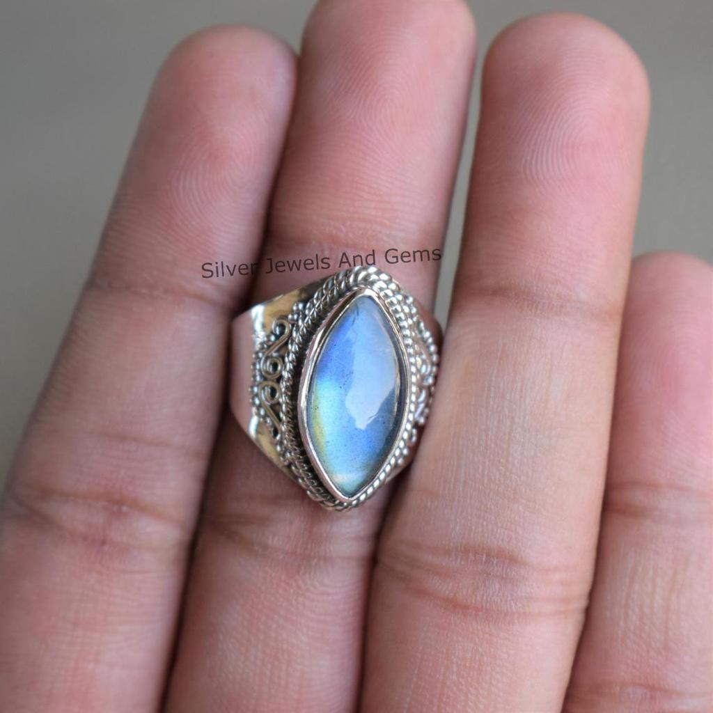 Marquise Labradorite Ring: Handmade 925 Sterling Silver Boho Ring