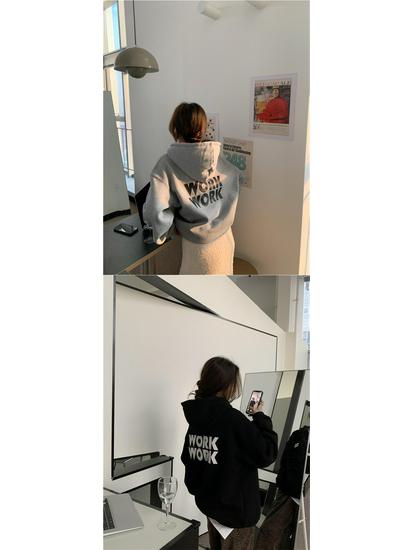 68223 Korean Fleece-Lined Letter Hoodie - Loose Fit Long Sleeve Pullover Jacket, 250g