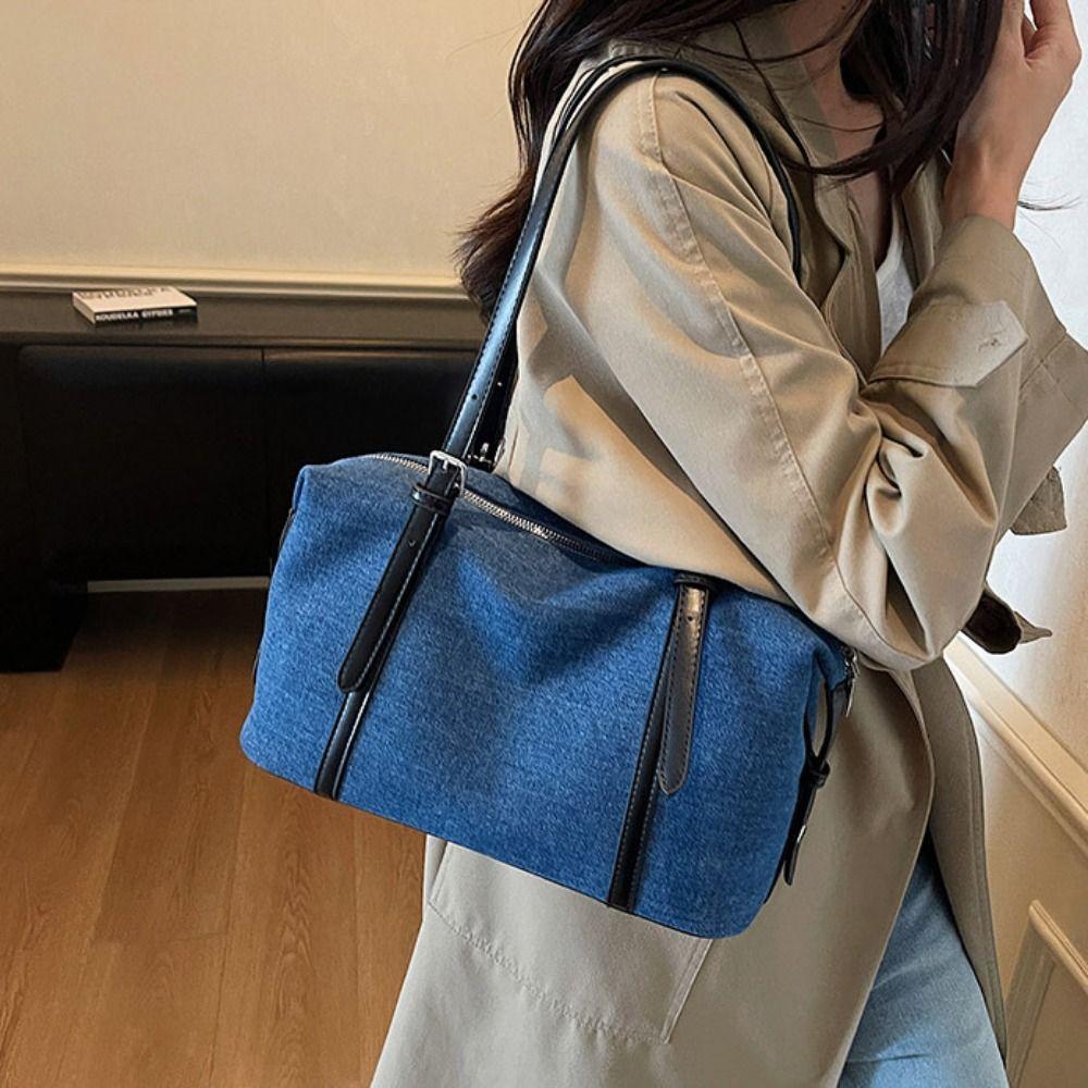 Cute Korean Style Denim Tote Bag Solid Color Tote Bag Large Capacity Handbag PU Leather Large Capacity Underarm Packs Girls