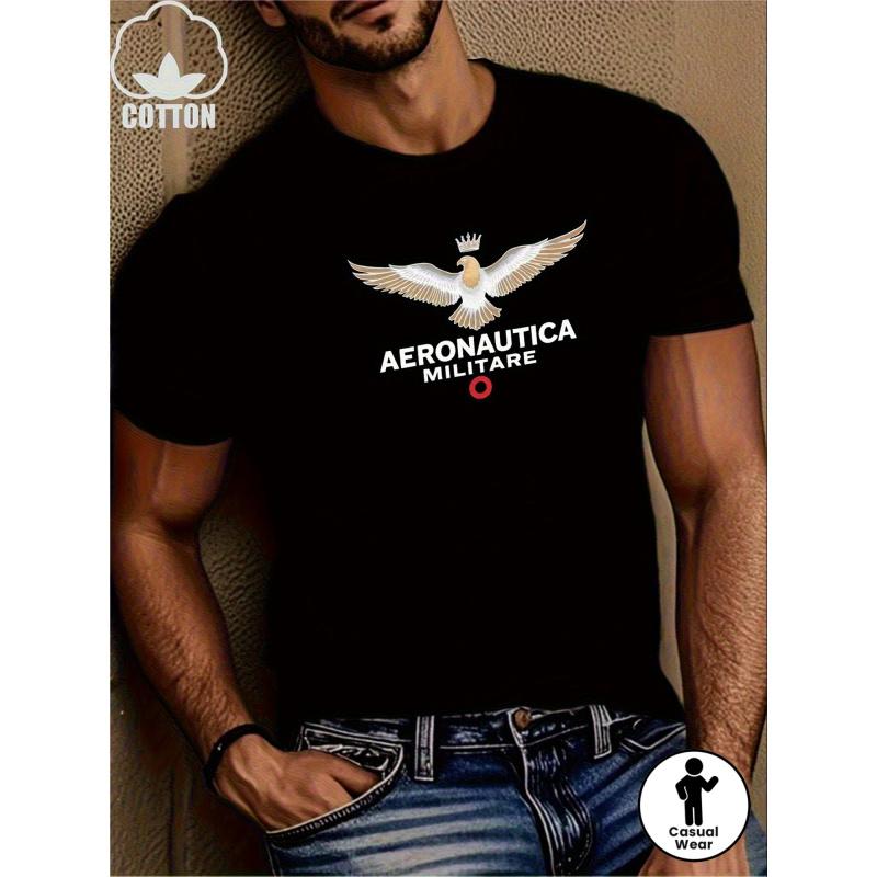 Men's Aviation T-Shirt with Bold Aeronautica Militare Print - Aircraft Eagle & Wings, Short Sleeve Crew Neck Casual Tee Suitable for Aviation