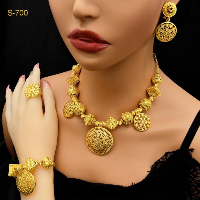 Gold Color Necklace Earring Wrist Chain and Rings Set For Bridal And Party Nigerian Weddings and Engagement Parties