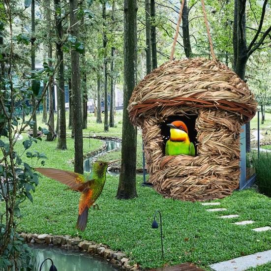 Hummingbird House with Lanyard Grass Hand Woven Resting Place Outdoor Hanging Natural Birdhouse Bird Hut Outside Supplies