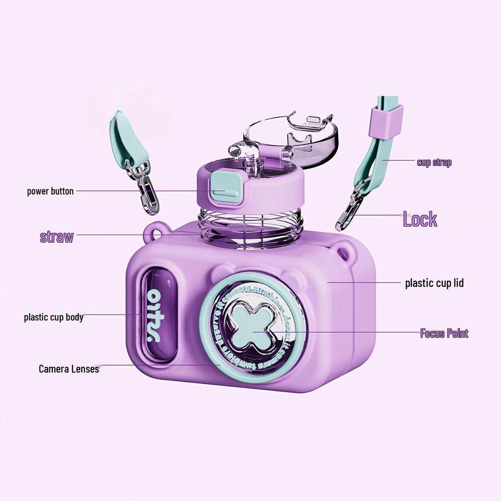 Summer Kids' Cute Drop-Proof Camera Straw Cup - High Temperature Resistant Crossbody Water Bottle