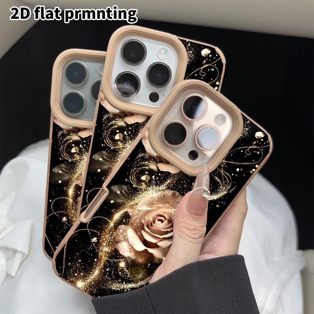 Phone Case: 2D flat lambskin suitable for iPhone 18 17 16 15 14 13Pro film protective case,champagne gold rose, Christmas and Halloween gift