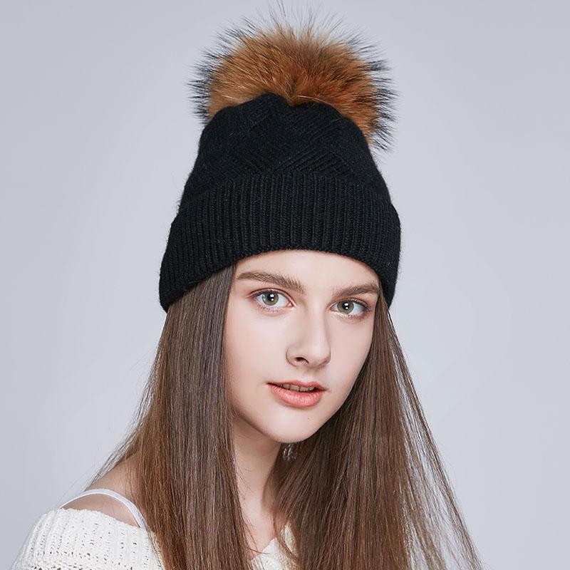 Winter Women Fur Pom Pom Knitted Beanie Hats  Warm Wool Cashmere Beanie Bobble Hat Factory