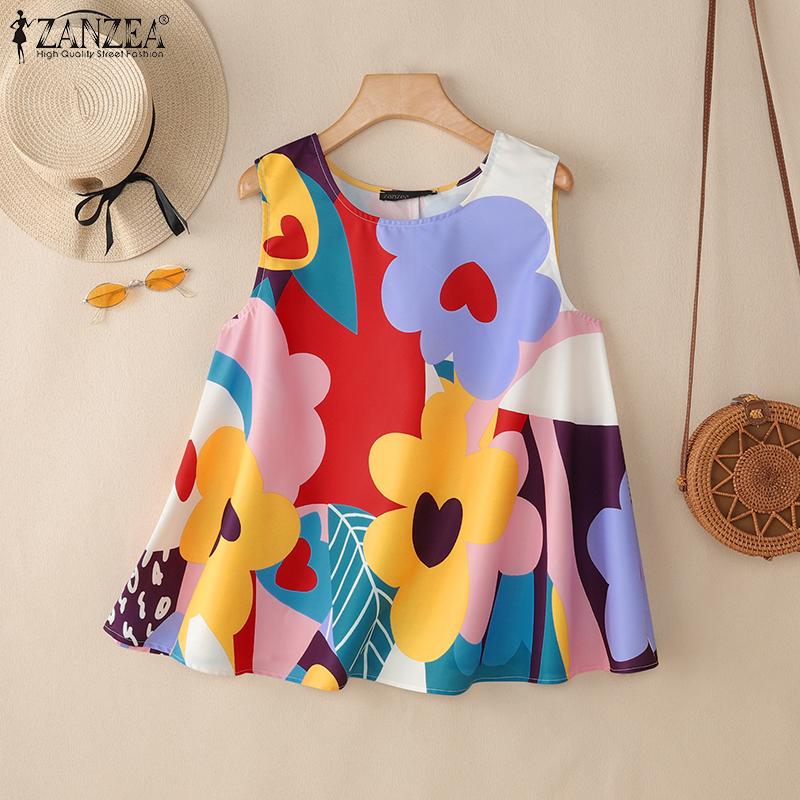 ZANZEA Women Casual Round Neck Loose Print Summer Sleeveless Tank Tops
