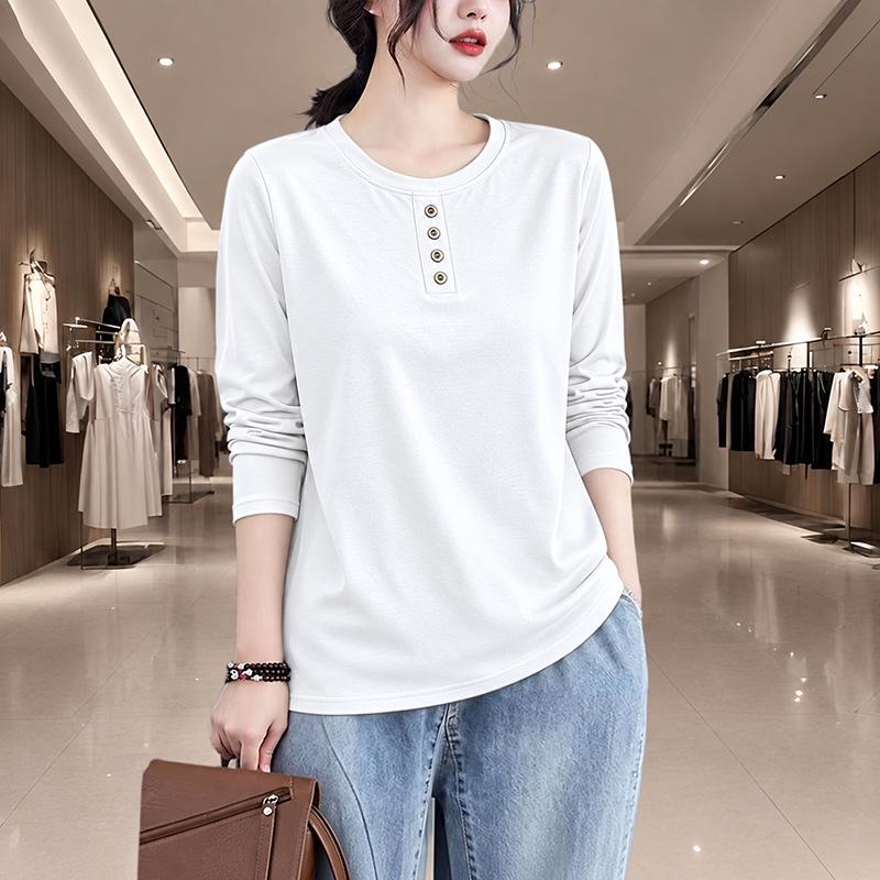 Women’s 2024 Spring/Autumn Long-Sleeve Solid Color Slim-Fit Button Top
