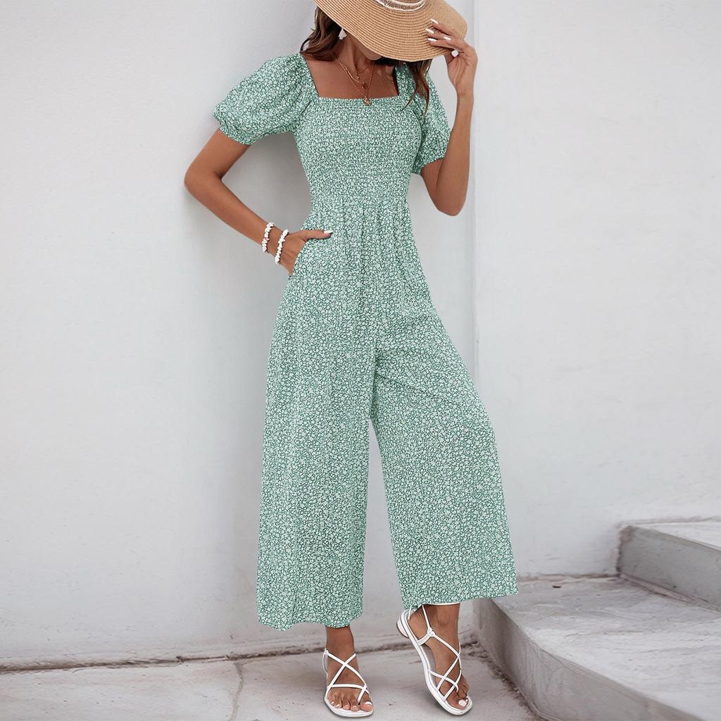 Women's Square Neck Puff Sleeve Wide Leg Printed Jumpsuit