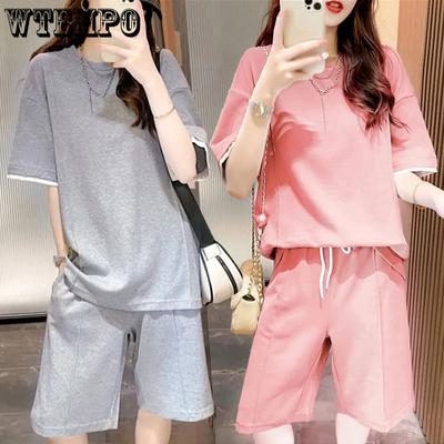 Leisure Sports Style Solid T-Shirt Set Women's Summer Korean Fashion Short Sleeve Tops + Five Point Shorts Two-piece Set