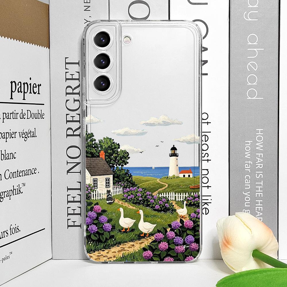 Painting House Mountain Landscape Clear Phone Case for Motorola Moto Edge 40 Pro G72 G73 G71 G60 G22 G52 G9 Play Soft Cover Y2K