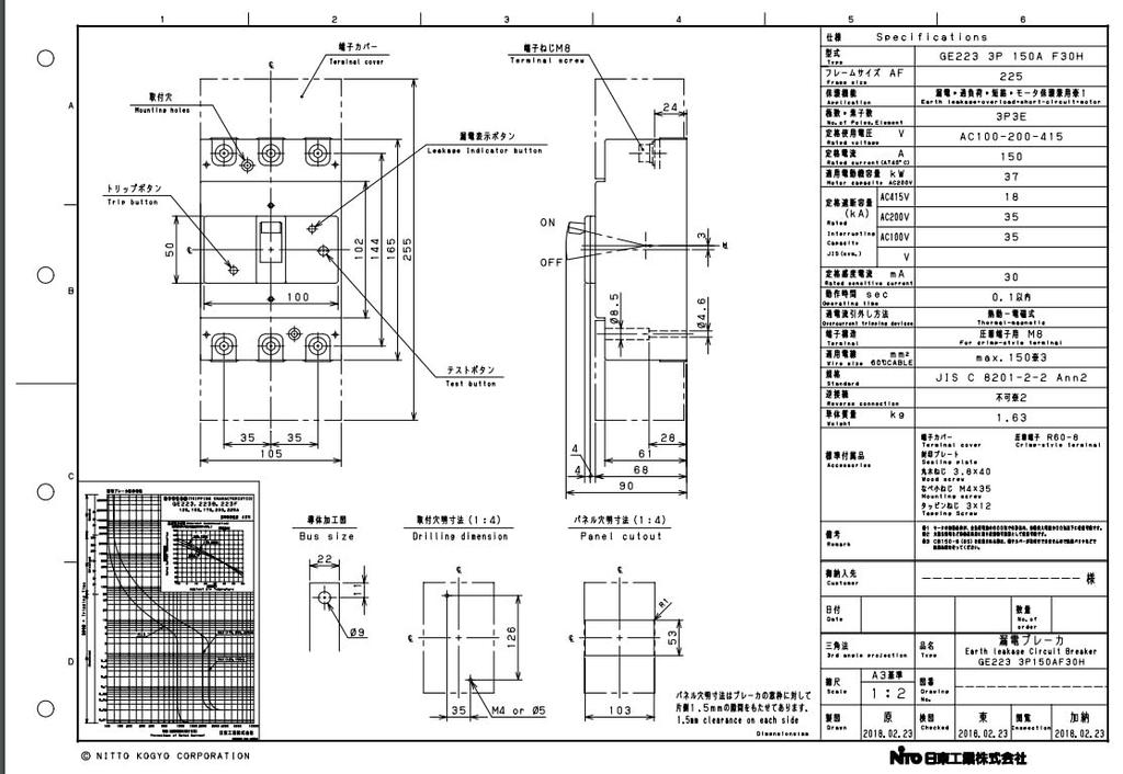 Nitto Kogyo Earth Leakage Circuit Breaker (Economical Type), Surface Type GE223 3P 150A F30H (GE2233P150AF30H)