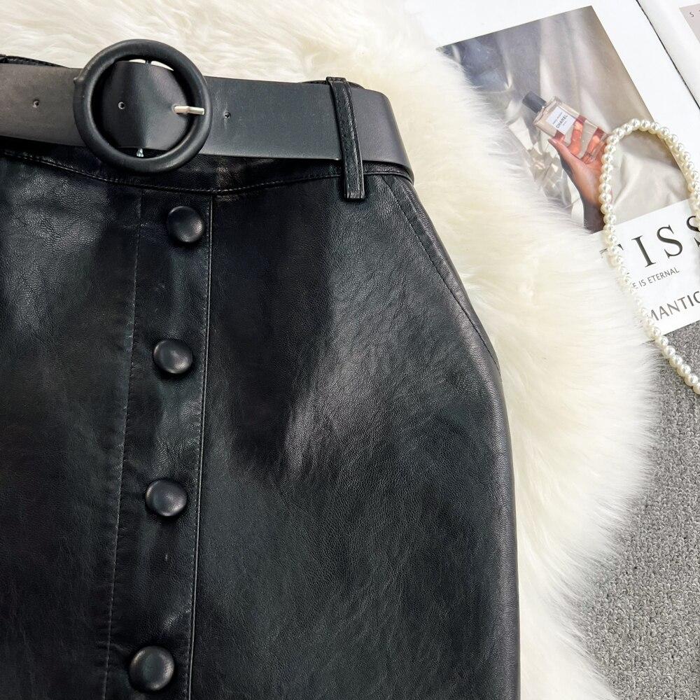 Herbst und Winter Retro Temperament Hohe Taille Schlank Paket Hüfte Einreihig Langer Abschnitt Offen Gewaschenes Leder Halbkörperrock