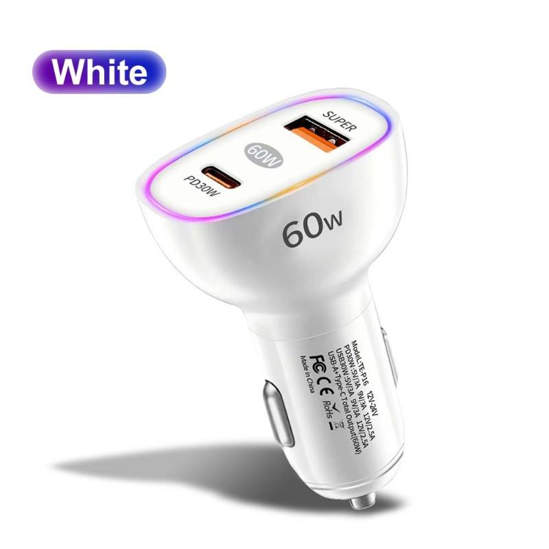 Car Charger 60W Usb C Fast Charger Pd30W Qc3.0 Dual Port Adapter Quick Charge 3A For Mobile Phones Tablets