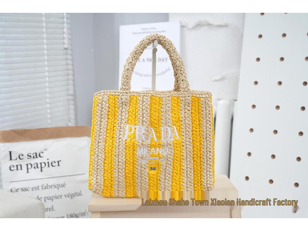Striped Handmade Straw Tote with Letter Embroidery - Casual Beach Travel Bag