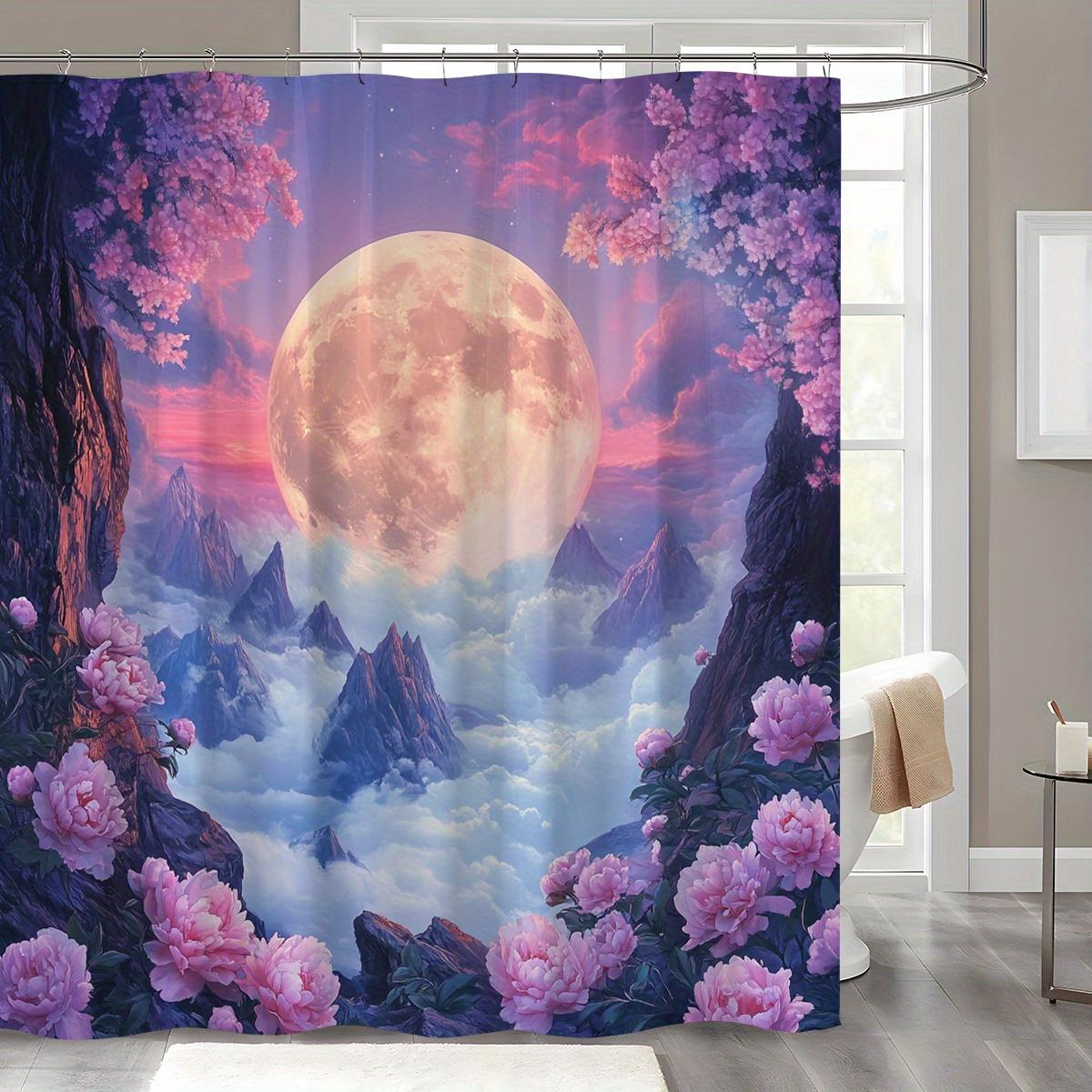 

1 Pandora Wonder Shower Curtain - Vibrant Moonlight Mountains and Flowers Pattern, Machine Washable, Woven, Bathroom Decor 90X180cm