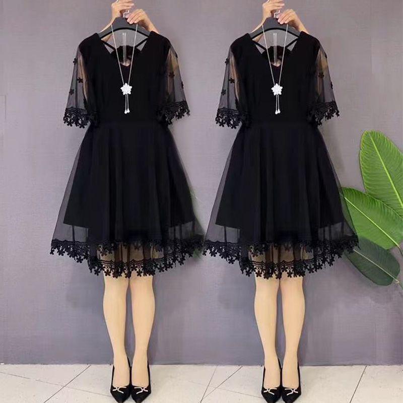 

Chubby Girl Super Slimming Gentle Wind Mesh Black Dress Summer Clothing Plus size High-Grade Temperament V-neck Short sleeve Dress Women Black 2XL