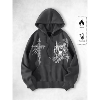 Men's Casual Fashion Street Punk Style Printed Zip Hooded Sweatshirt