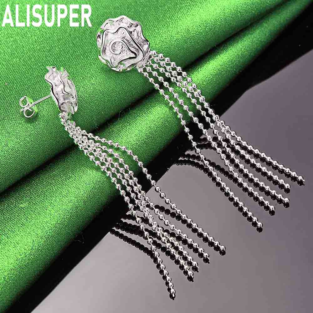 925 Sterling Silver Romantic Rose Pierced Earrings Fashion Charm Wedding Jewelry