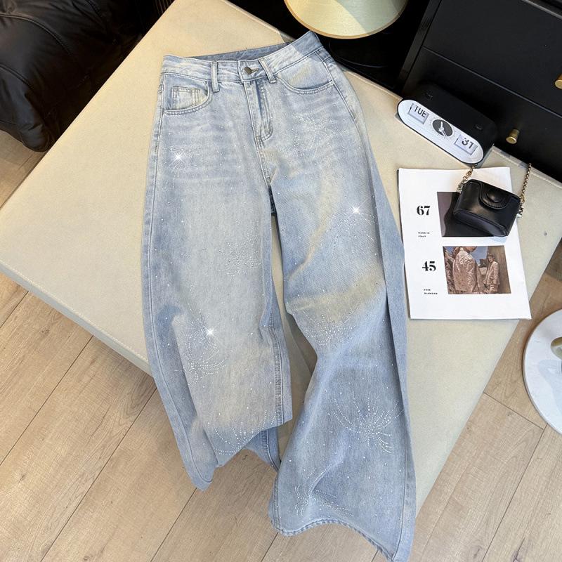 Women’s High Waist Shiny Rhinestone Denim Wide-Leg Pants - Early Spring Design
