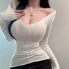Spring New Solid Slim Fit Sexy Women T-shirt Casual Fashion Thin Elegant Long Sleeve T Shirts Tops Ladies Simple V Neck Office Ladies Tee Shirt 26406