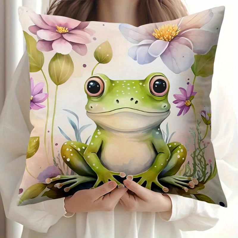 1pc, Modern Frog Print, All-Season Pillowcase, Polyester Material, Zipper Closure Machine Washable, Skin-Friendly Cushion Cover, Suitable for Bed, Sof