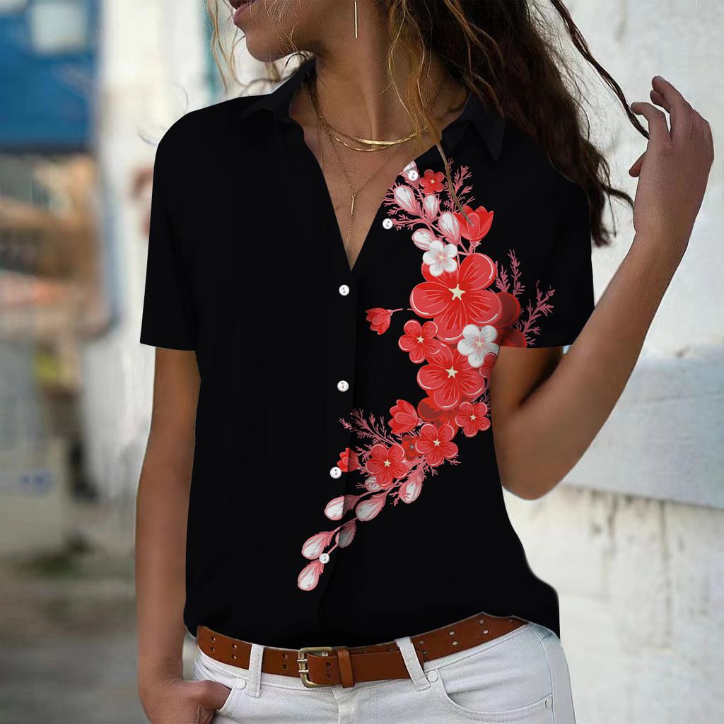2025 Summer New Fashion Women's Flower Printed Short Sleeve V-neck Casual Button-down Shirt Top