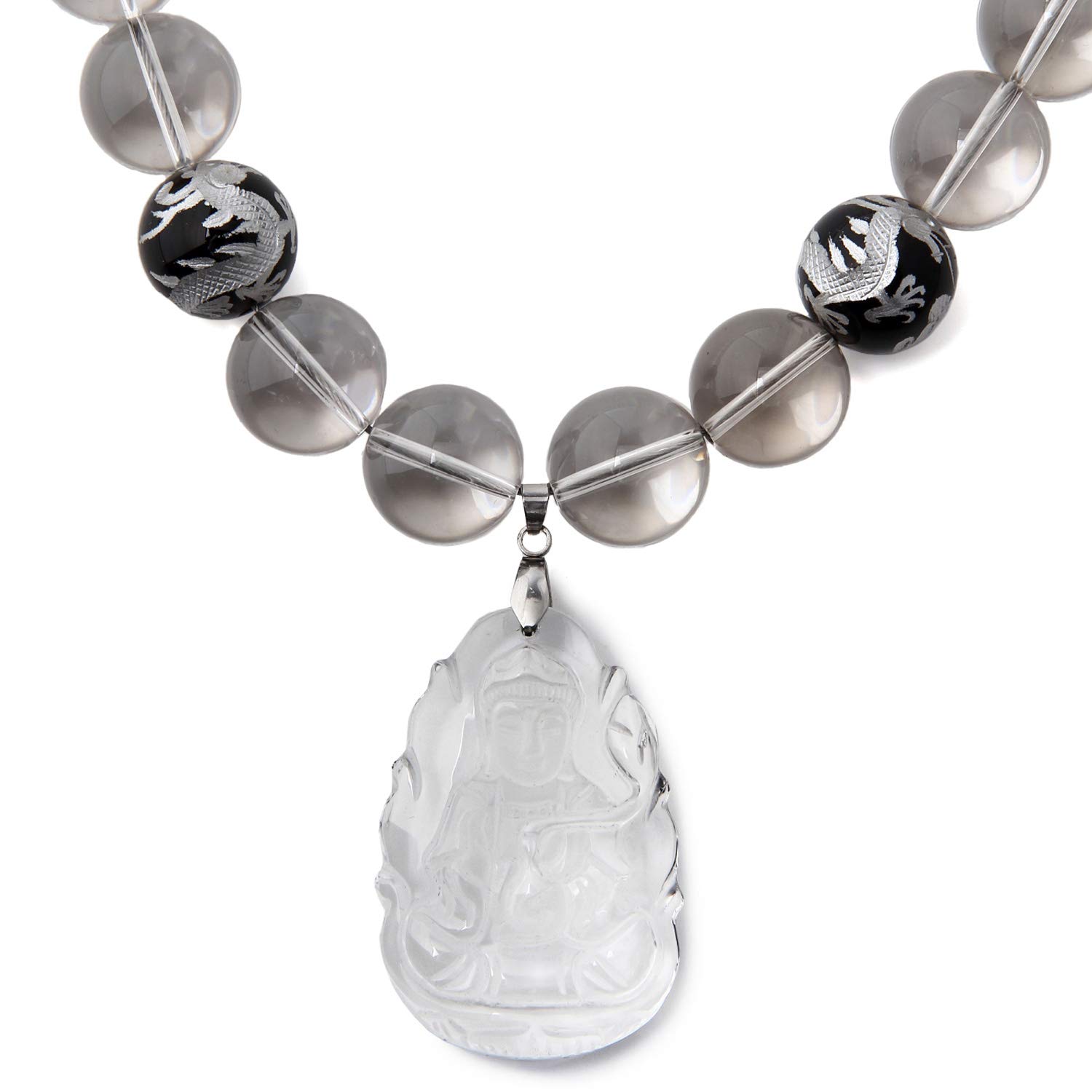 

4A Natural Stone Crystal 16mm Silver Carved Five Claw Emperor Dragon Onyx 16mm Prayer Bead Necklace with Buddha Pendant [Sekki] [b256]