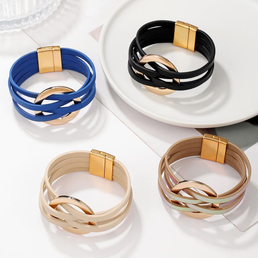 European & American Style Women's Multi-layer Cross Leather Bracelet with Large Metal Cuff Circle.