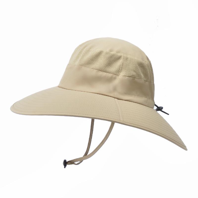 Unisex Sommer Outdoor 12CM Breite Krempe Fischerhut Atmungsaktives Mesh Angelhut Sonnenschutz Panama Hut Winddichtes Band Wanderhut Neu