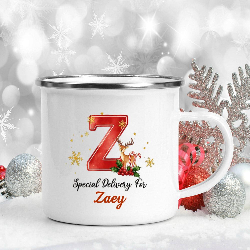 Christmas Initial Pattern Custom Name Enamel Mugs Breakfast Dessert Milk Cups Camping Drink Mug For Kids/Family/Friends 8CM