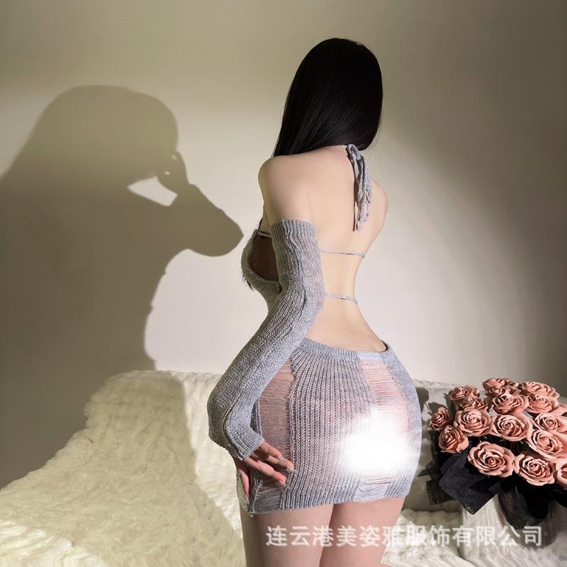 Live streaming host sexy babes knitted neck off shoulder cross hollowed out careful machine hip wrap dress sweater qqny