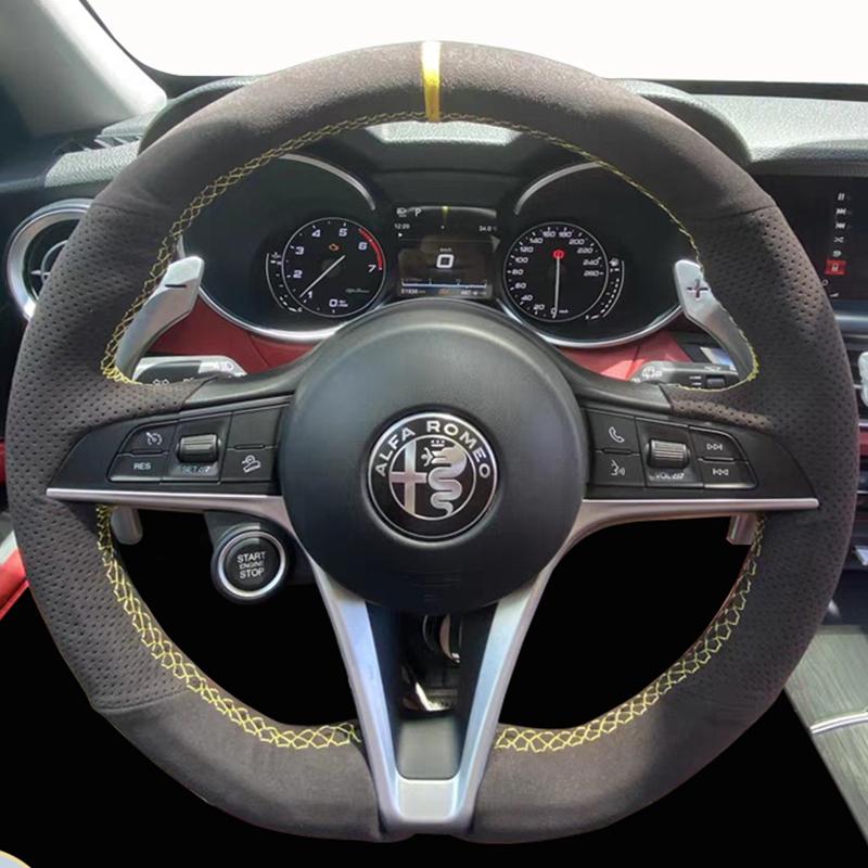 

DIY Hand sewn Braid Black non-slip suede Car Steering Wheel Cover For Alfa Romeo Giulia Stelvio Giulietta Automotive Interior
