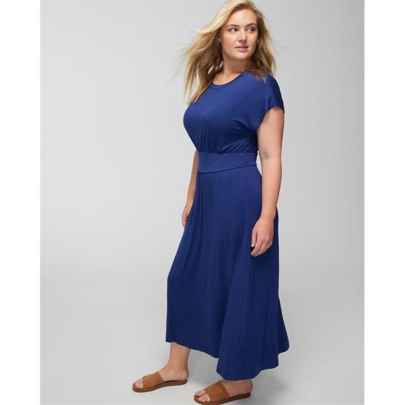 

European Original Single Tail Goods Comfortable Rayon Drop Shoulder Sleeve a Swing Women Summer Solid Simple round Neck Short sleeve Long Dress Blue 2XL