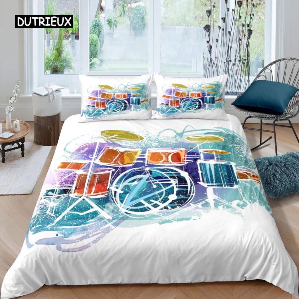 Blue Drum Kit Duvet Cover Set Microfiber Rock Roll Pop Music Twin Bedding Set Musical Instrument Glitter Lines Comforter Cover