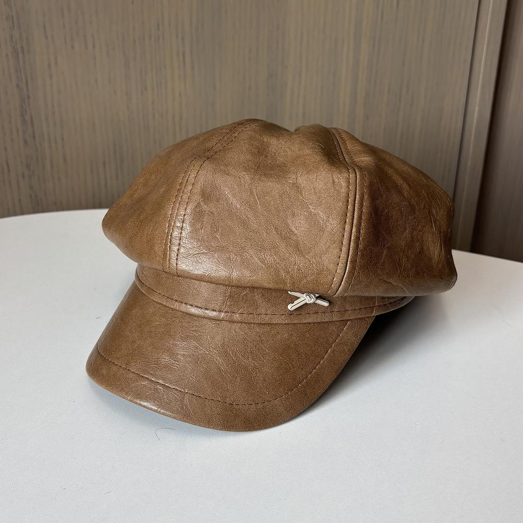British Retro Pu Leather Brim Small Standard Octagonal Hat Women'S Temperament Versatile Cap Showing Face Small Newsboy Hat