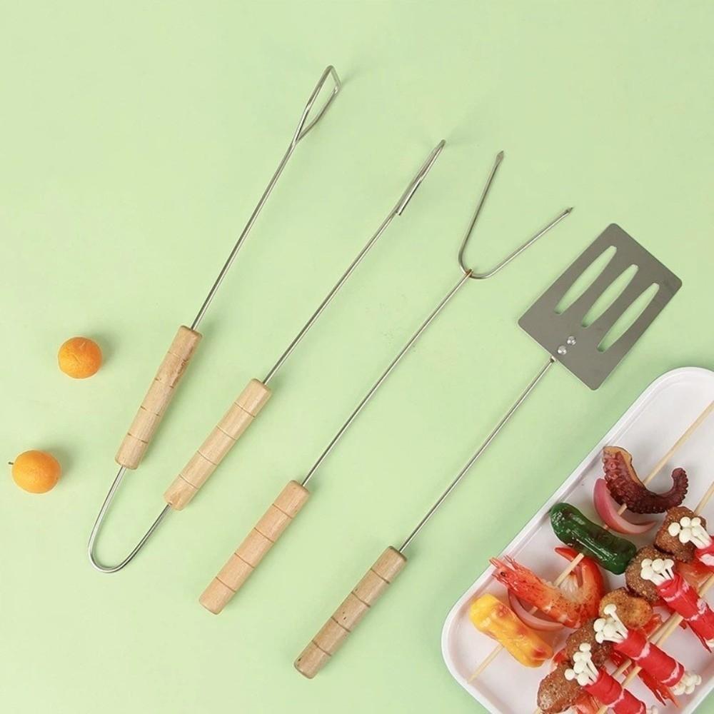 3Pcs Wood Long Handle BBQ Spatula Tongs Fork Set Heat Resistant Barbecue Utensils Grilling Picnic