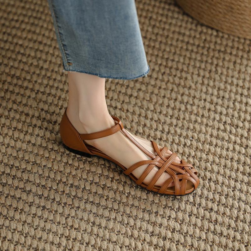 Baotou hollow sandals summer retro Roman shoes buckle strap flats
