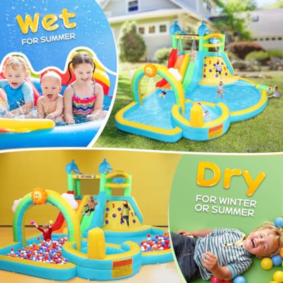 Inflatable Water Slide Bounce House for backyard use, PVC material, blue and red color, 10-in-1 design with climbing wall, pool
