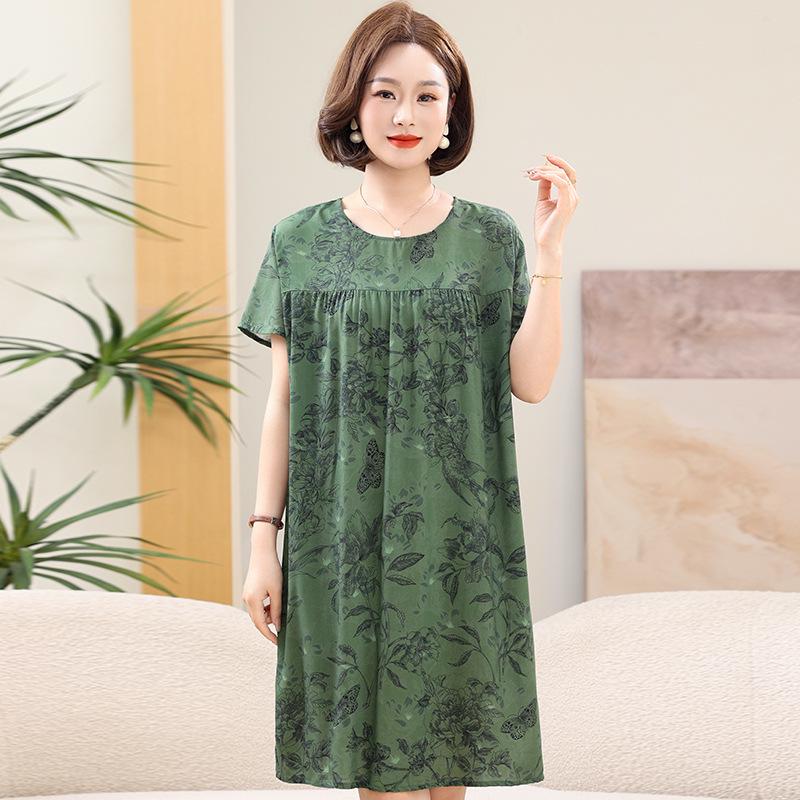 Women's Floral Print Cotton Silk Knee-Length Dress - Plus Size, Short Sleeve, Lightweight & Loose for Middle-Aged & Elderly