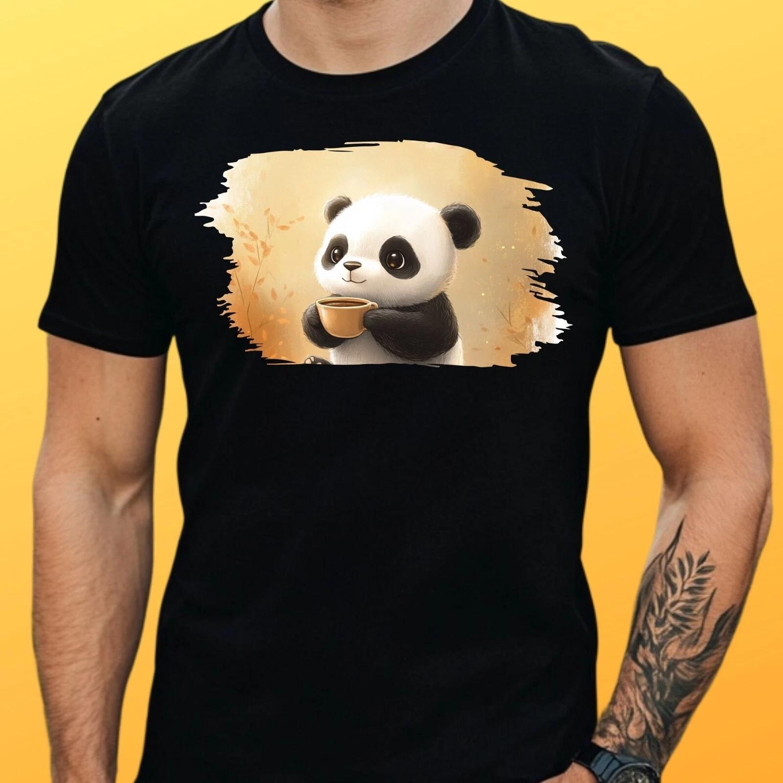 T-Shirt Herren Panda trinkt Kaffee Motiv Baumwolle Größe S bis 5XL L