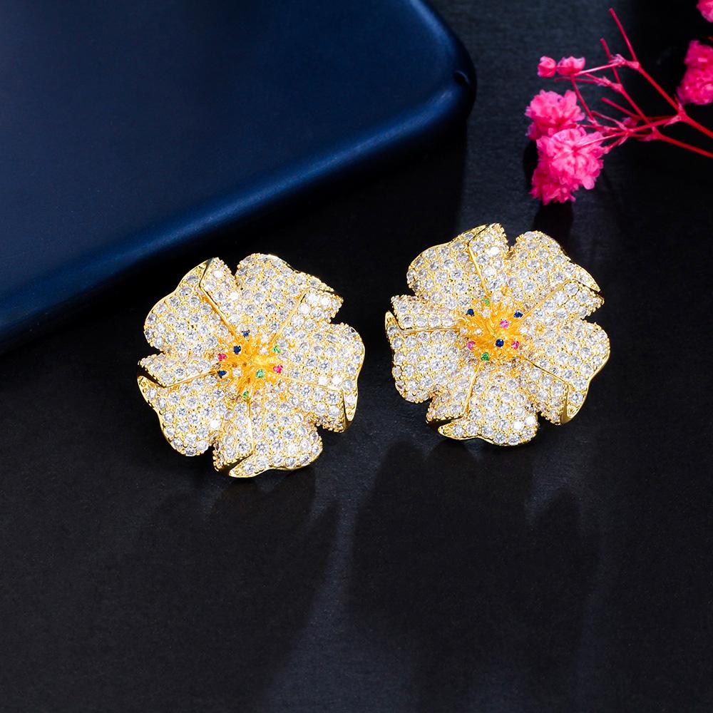 CMM Brilhante Micro Cubic Zirconia Pavimentado Africano Cor Ouro Grande Geométrico Flor Brincos para Mulheres Festa Wear