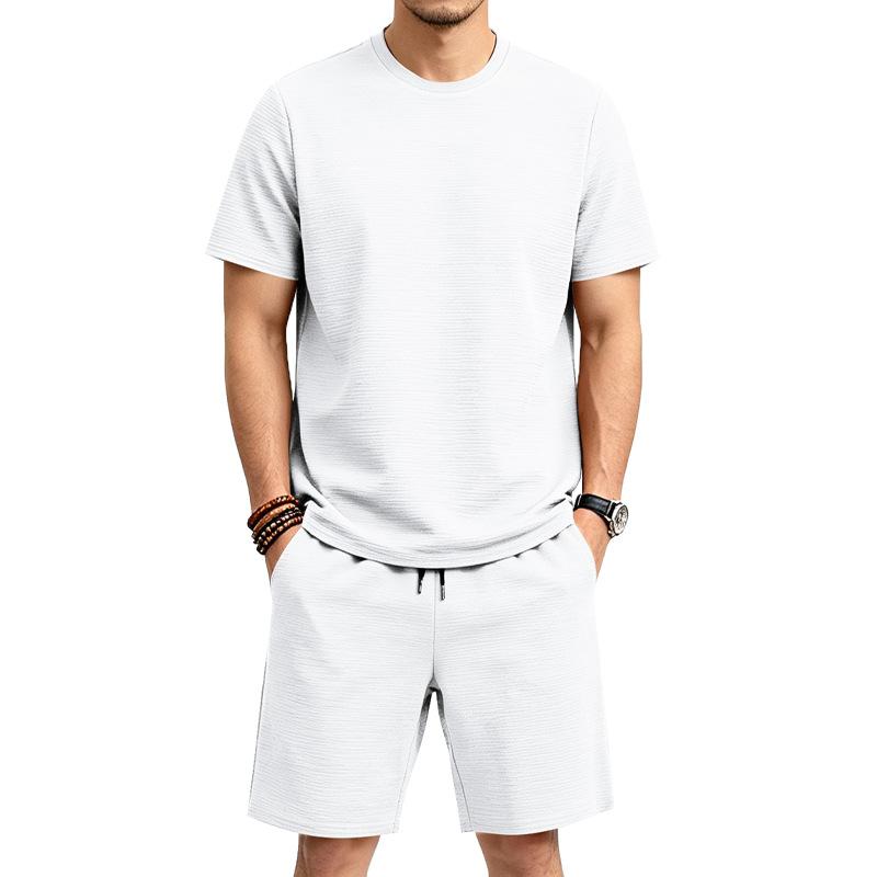 Men Ribbed Knit Crew Neck Short Sleeve Top & Drawstring Pocket Shorts Two Piece Set