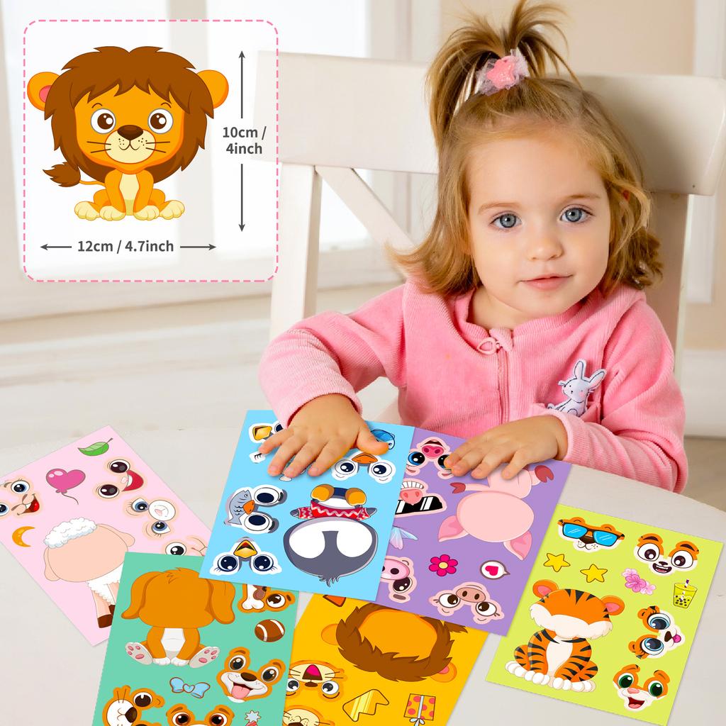 6 Bilder/Packung Kleine Tier Puzzle Aufkleber für die Früherziehung von Kindern Gesichtswechsel-Aufkleber für Babypuzzles