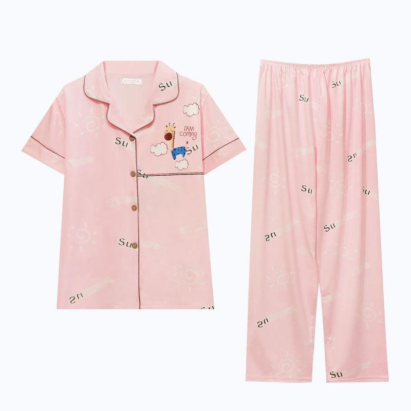 Pajamas Women'S Sweet And Cute Wind Cardigan Short-Sleeved Trousers Loose Large-Size Loungewear Suit Can Be Worn Outside