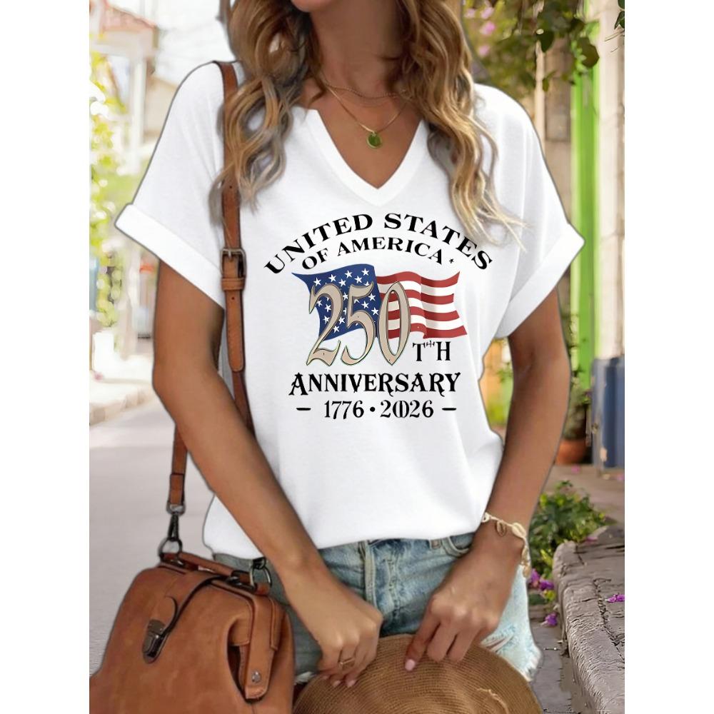 Women's V-Neck "USA 250th Anniversary 1776-2026" Graphic Tee, American Flag Print T-Shirt, Casual Patriotic Short Sleeve Top