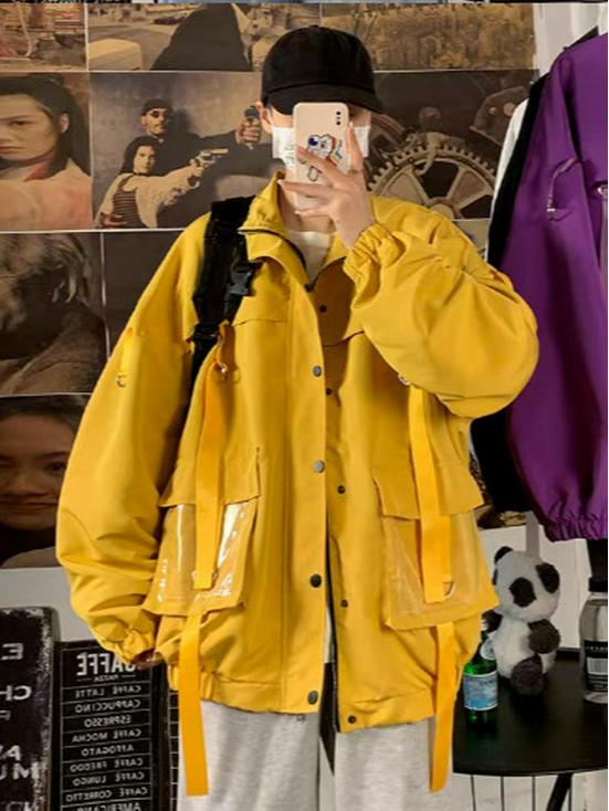 Men's Trendy Solid Color Workwear Jacket with Lapel and Large Pockets for Spring/Autumn.