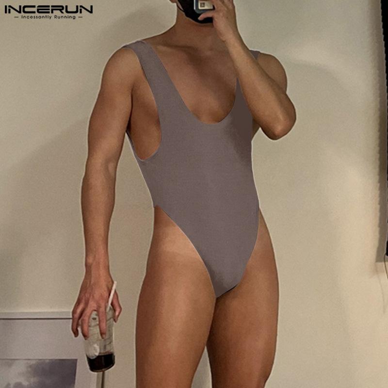 INCERUN Salopete fără mâneci cu decolteu adânc în U pentru bărbați, salopete, body, lenjerie de corp